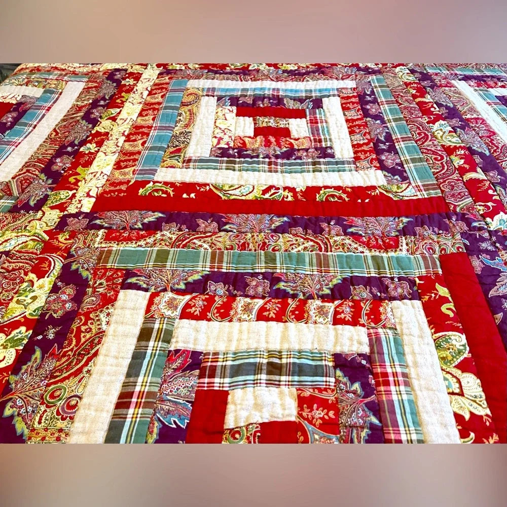 RARE Pottery Barn Vintage Log Cabin Christmas Patchwork Quilt Set- F/Q Multi